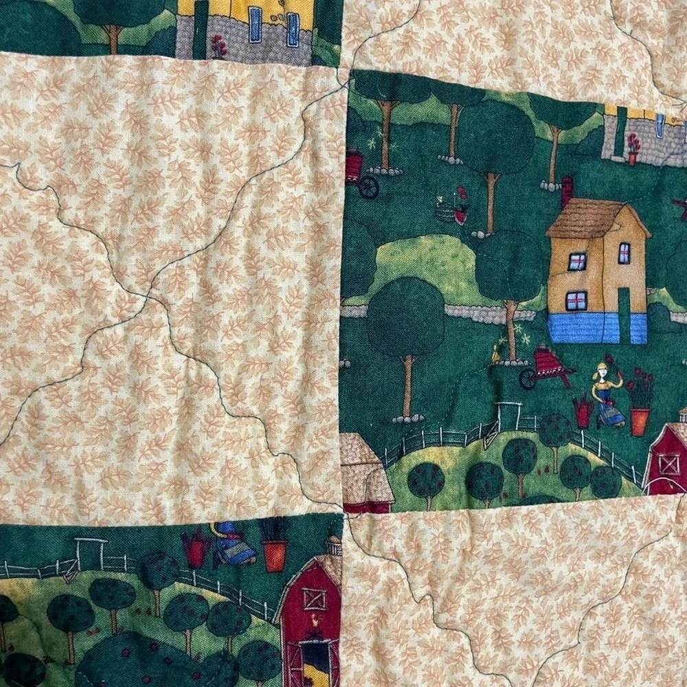 Handmade Lap Quilt Cottacore Yellow‎ Check Village Scene Green Border